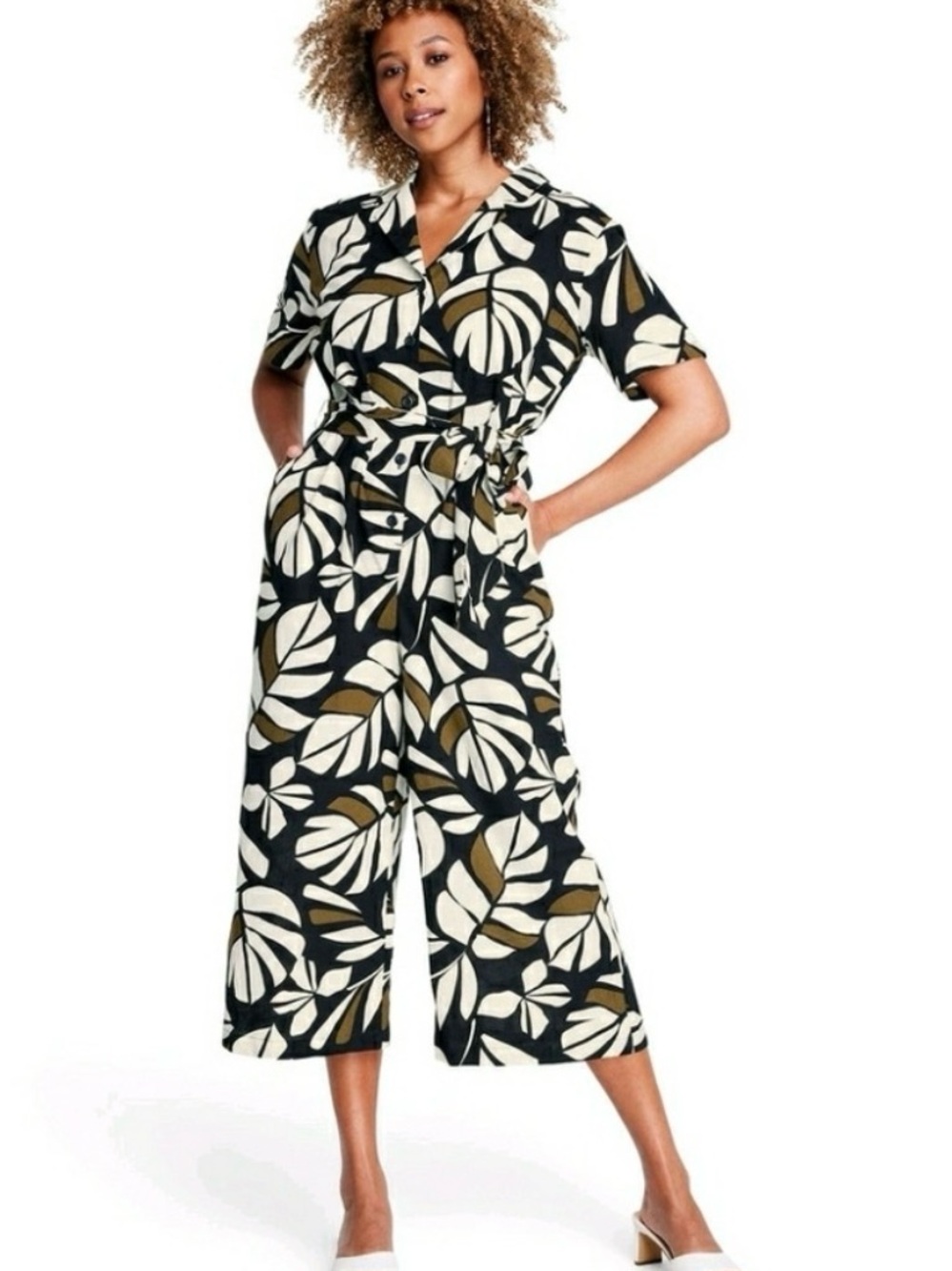Tabitha Black, Olive and Cream Leaf-Print Midi Dress
